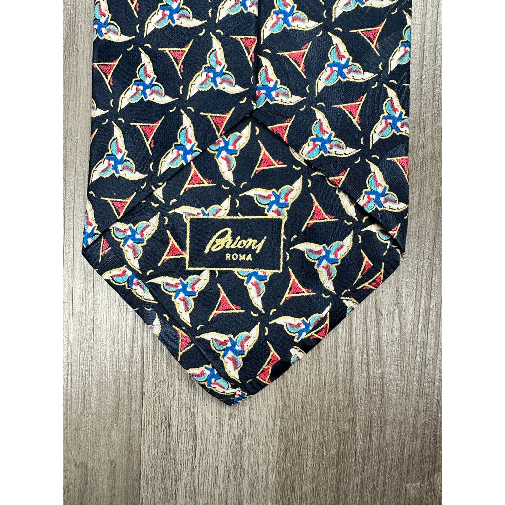 Brioni Geometric Triskelion Tessellation Made in Italy Silk Tie in Navy with Red, Gold, Blue, White — Size OS // Preowned