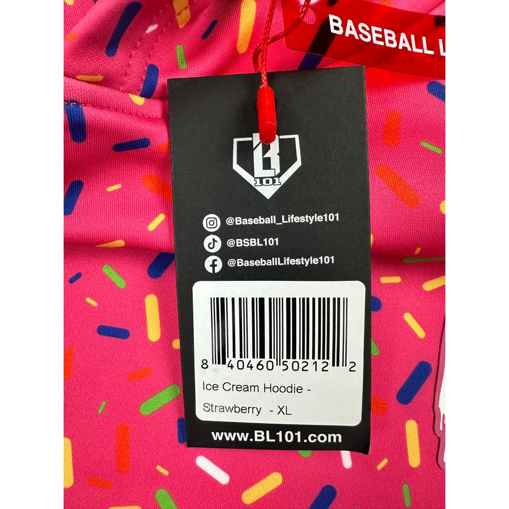 Baseball Lifestyle 101 Ice Cream Pullover Hoodie in Strawberry Pink — Size XL