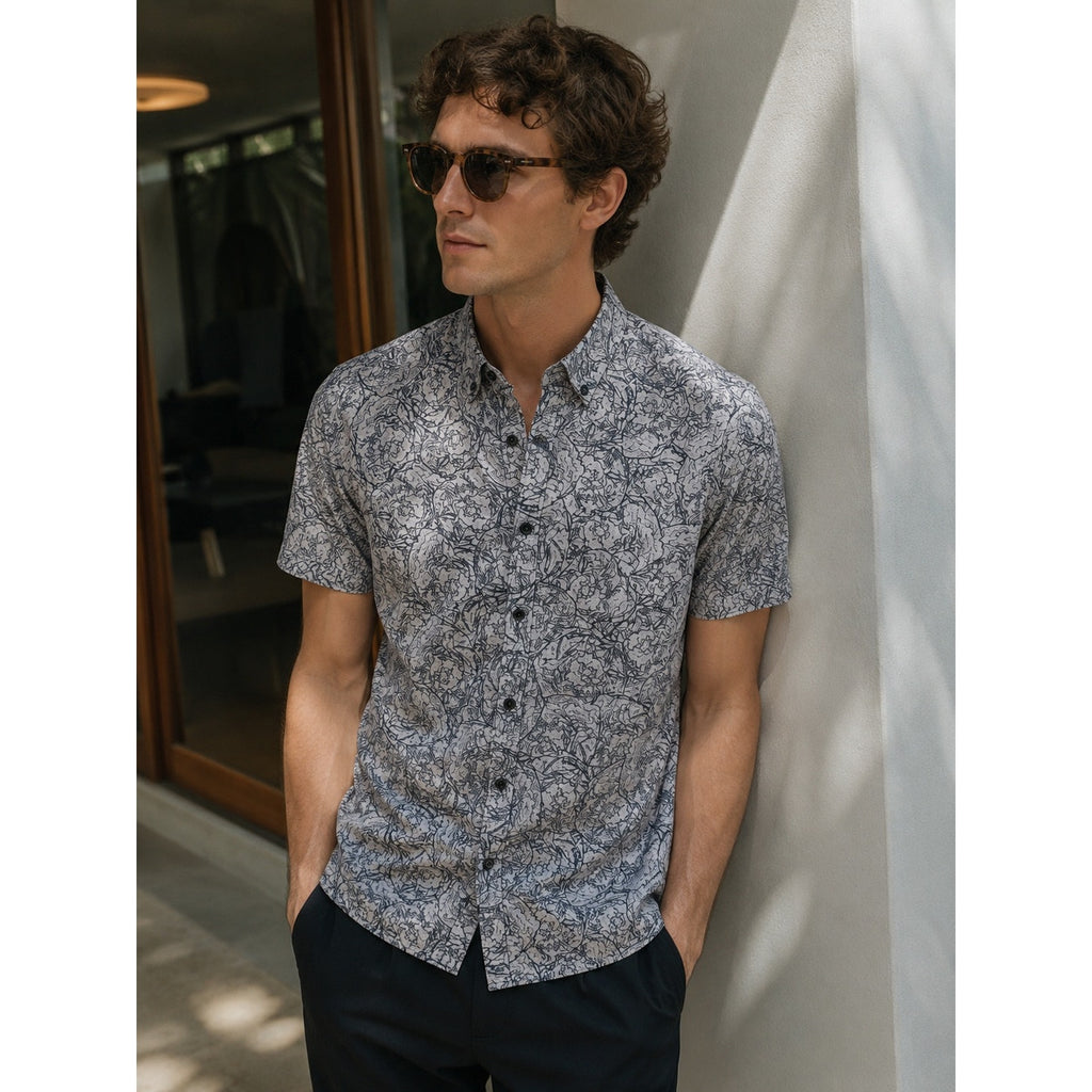 Theory Zack PS Ranunculus Print Short Sleeve Shirt in Light Brown and Black — Size XL // Preowned