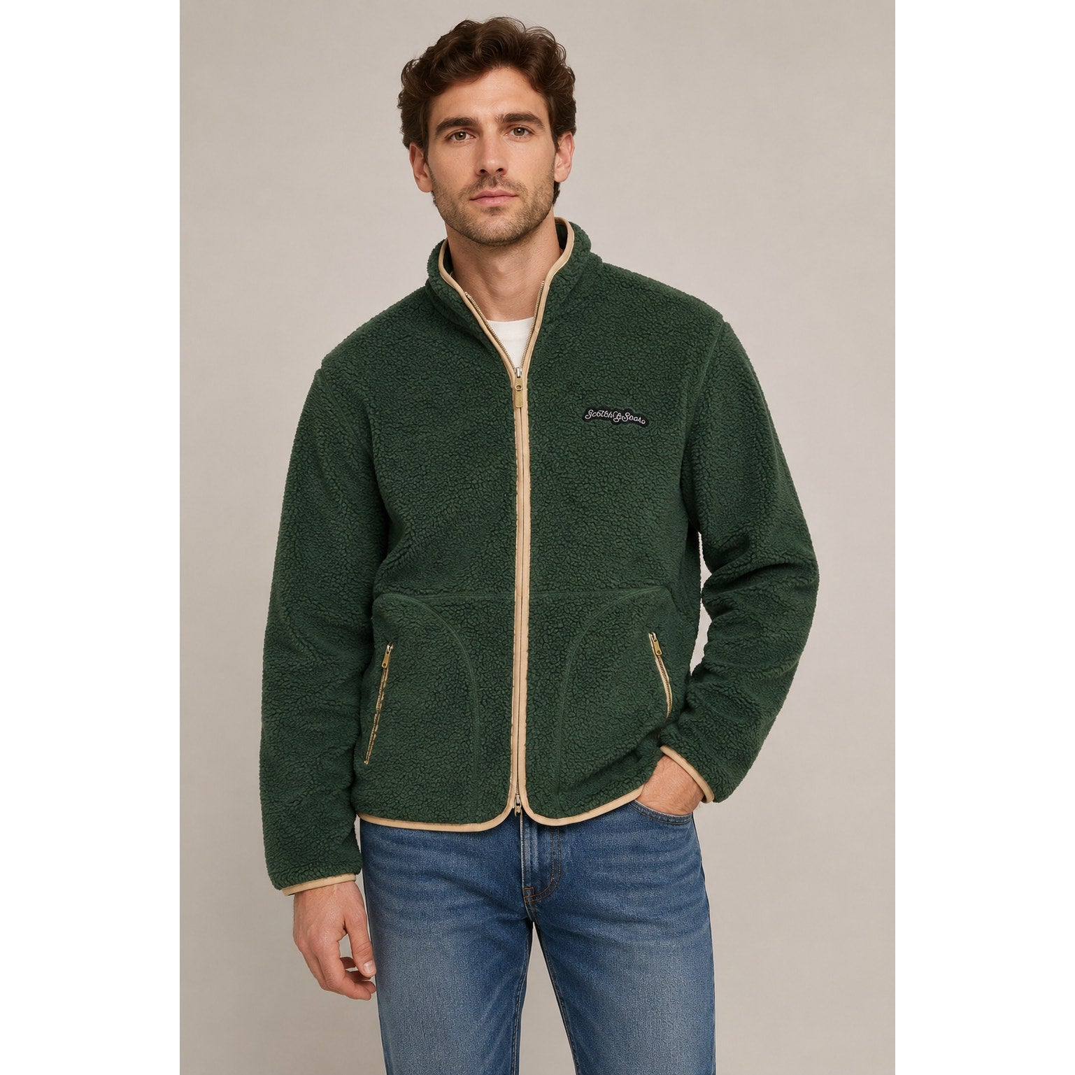 Scotch & Soda Pine Green Sherpa Full Zip Jacket - Medium