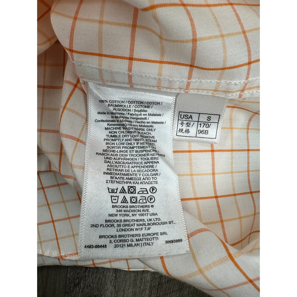 Brooks Brothers Milano Non-Iron Checkered Windowpane Long Sleeve Button Down in White Orange — Size Small // Preowned