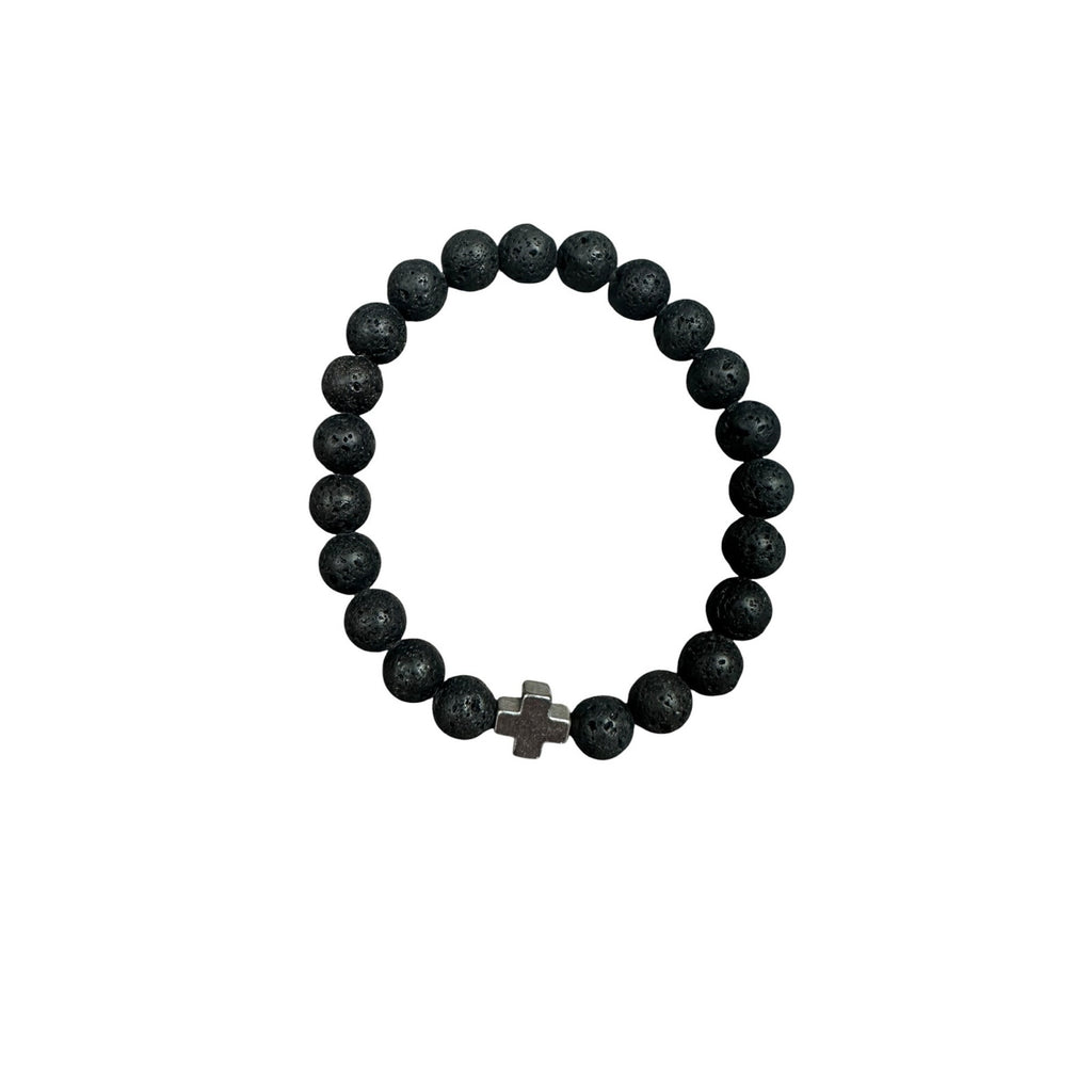 Andrew Christian Silver Cross Black Stretch Bead Bracelet in Black and Silver — One Size