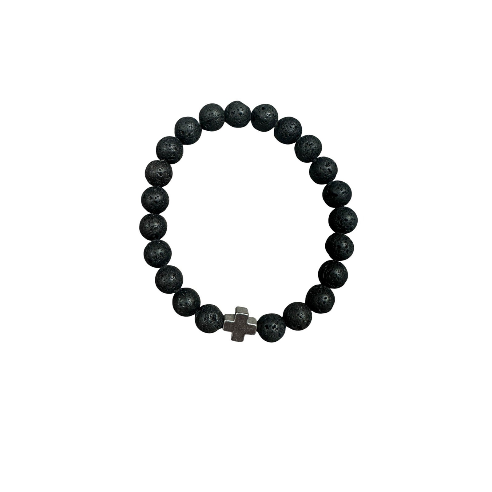 Andrew Christian Silver Cross Black Stretch Bead Bracelet in Black and Silver — One Size