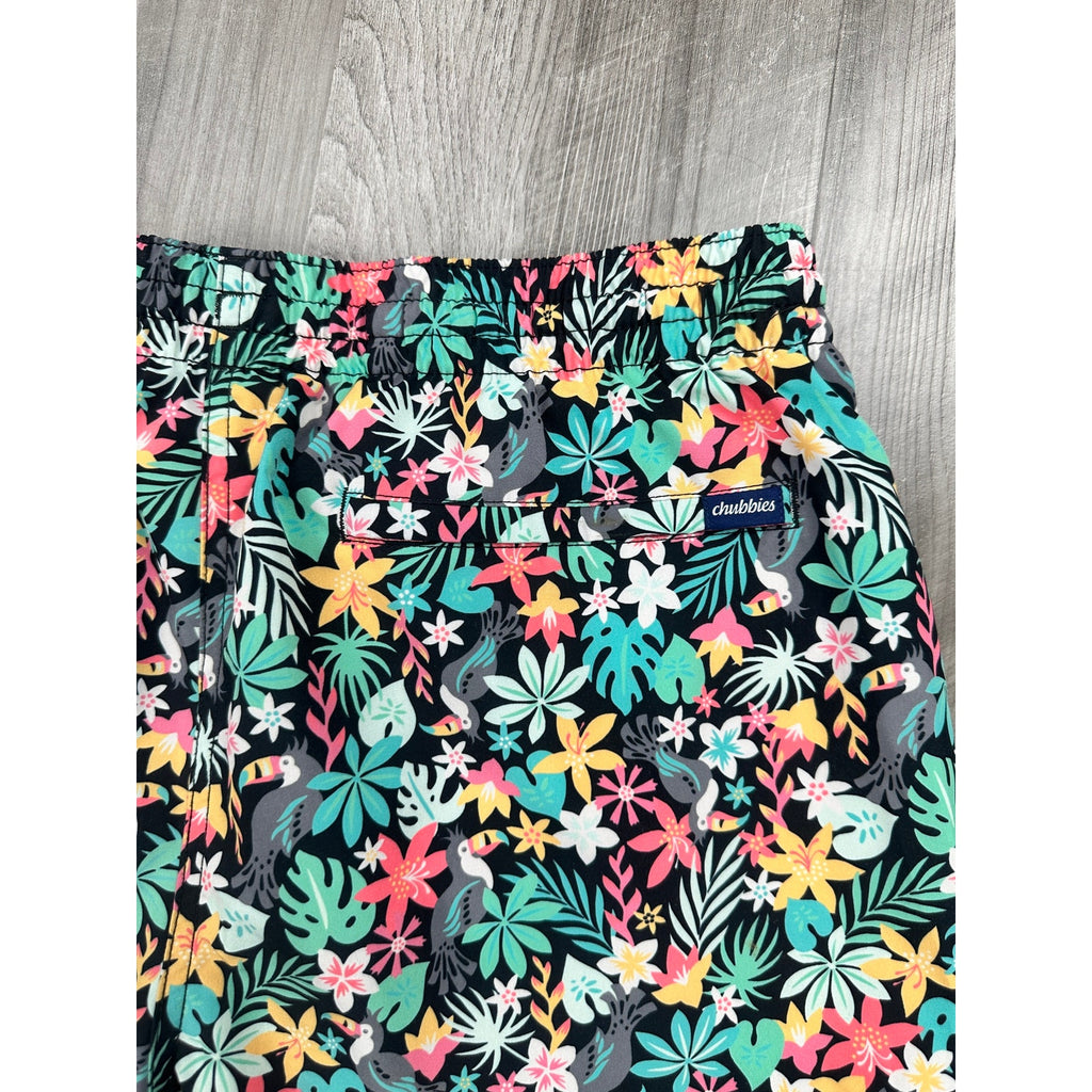 Chubbies The Bloomerangs 7" Swim Trunks in Black with Multi Jungle Print — Size XL // Preowned