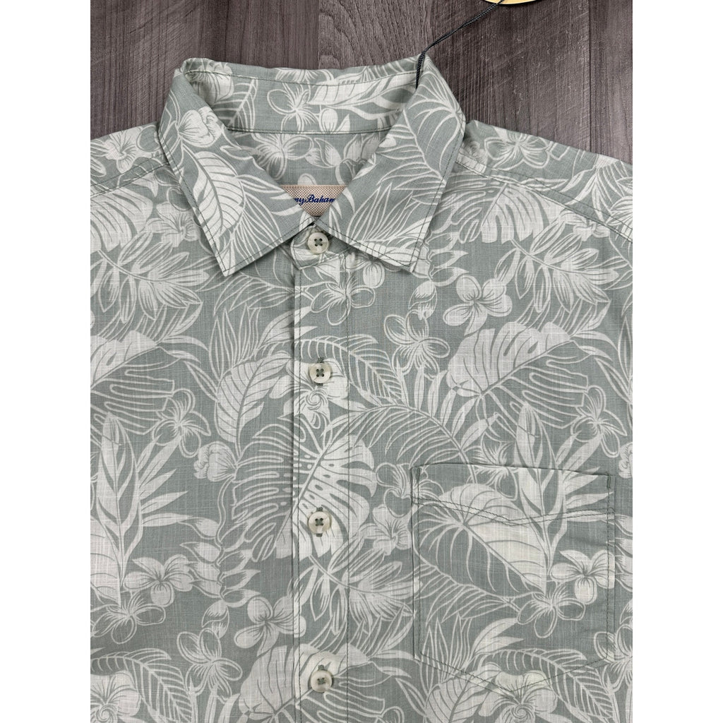 Tommy Bahama Hawaiian Floral Cotton Short Sleeve Camp Shirt in Natural Mint — Size Medium