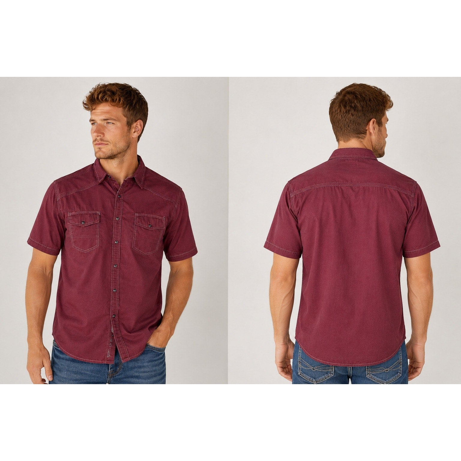 BKE Short Sleeve Athletic Fit Pearl Snap Button Down in Red Gray — Size 2XL // Preowned