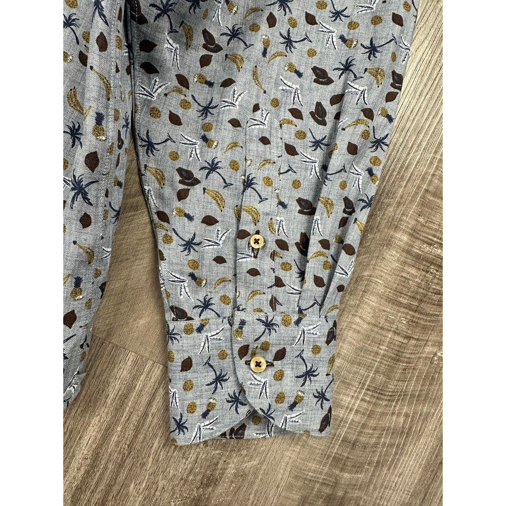 Knot Standard Linen Tropical Long Sleeve Shirt in Gray with Bananas, Pineapples, Coconuts, Palm Trees — Size 2XL // Preowned