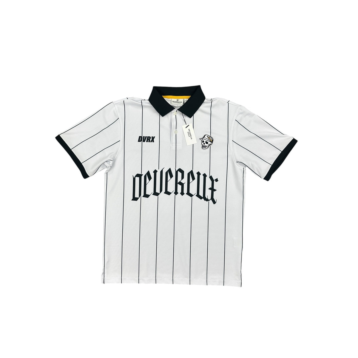 Devereux Golf DVRX Pinstripe Old English Skull Performance Polo — Size Small