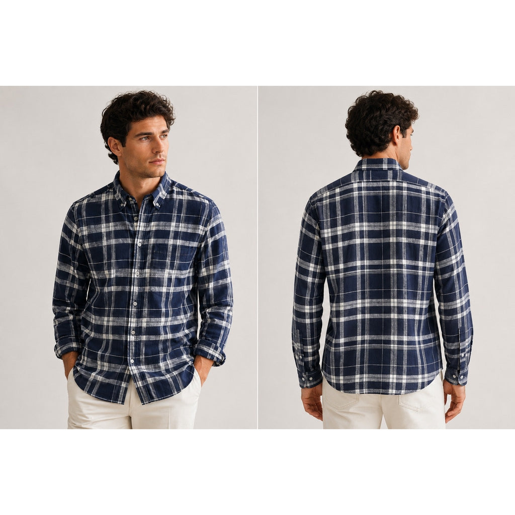 Brooks Brothers Milano Fit Baird McNutt Irish Linen Plaid Long Sleeve Button Down in Navy White — Size Small // Preowned