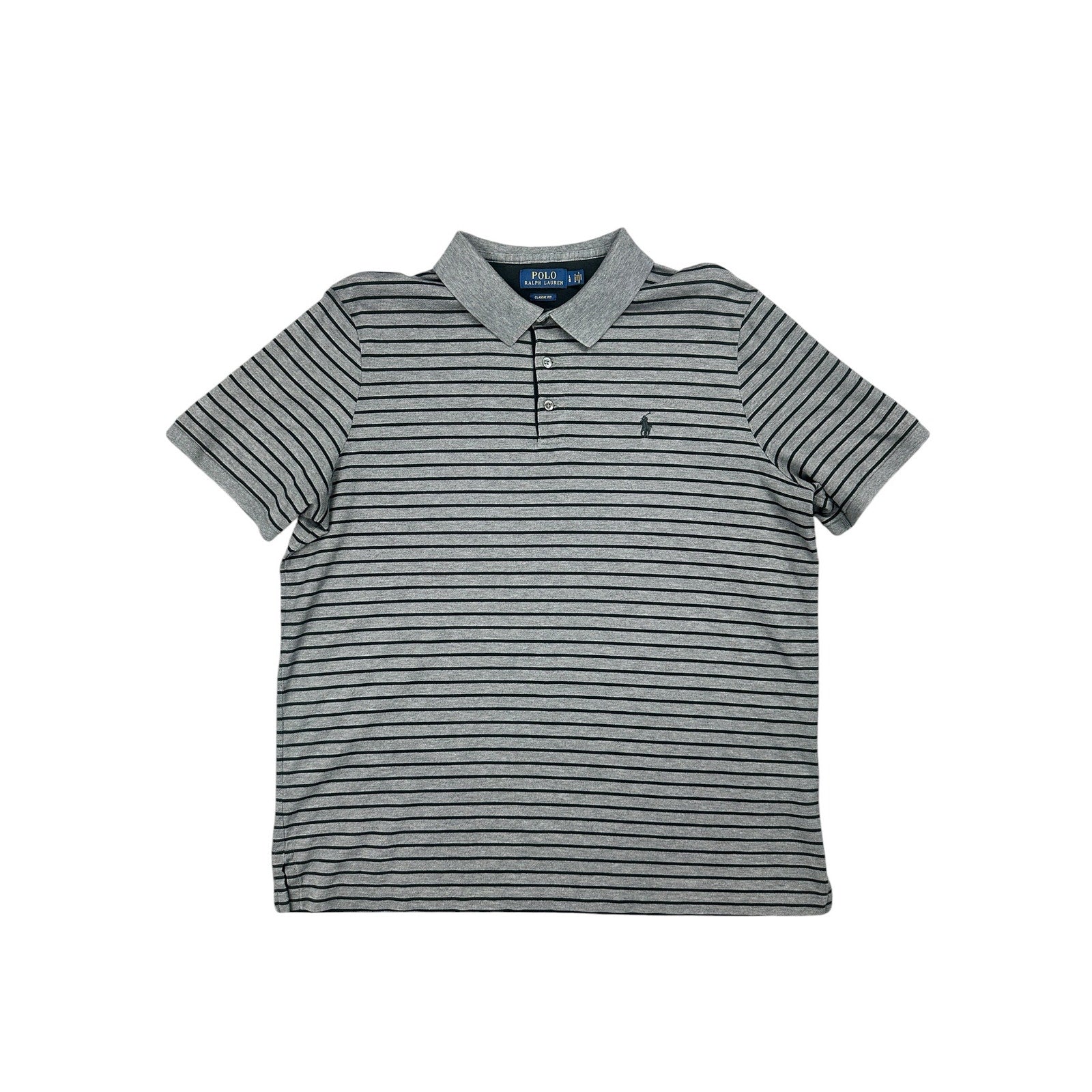 Polo Ralph Lauren Classic Fit Striped Mesh Knit Polo in Gray and Black — Size Large // Preowned