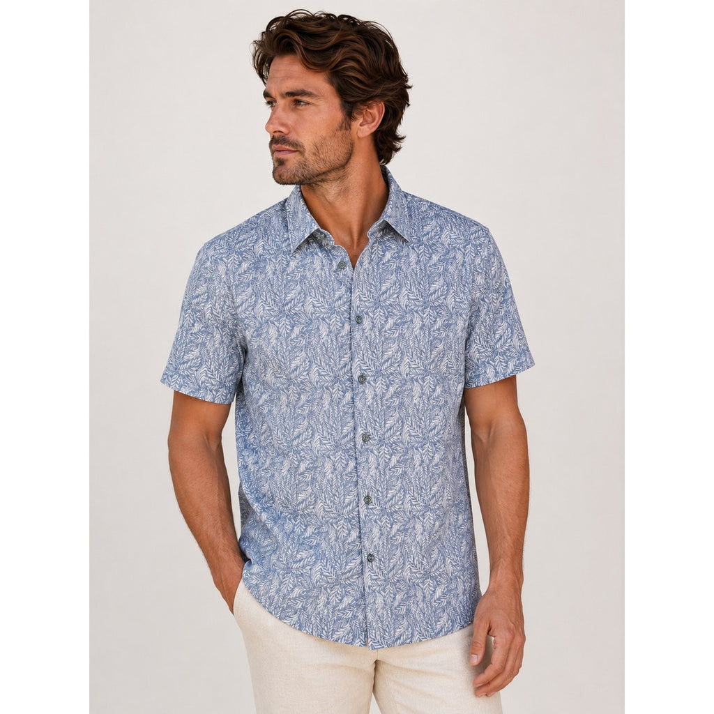 Bugatchi Milo Leaf Print OoohCotton 8-Way Stretch Shirt in Lilac — Size Large