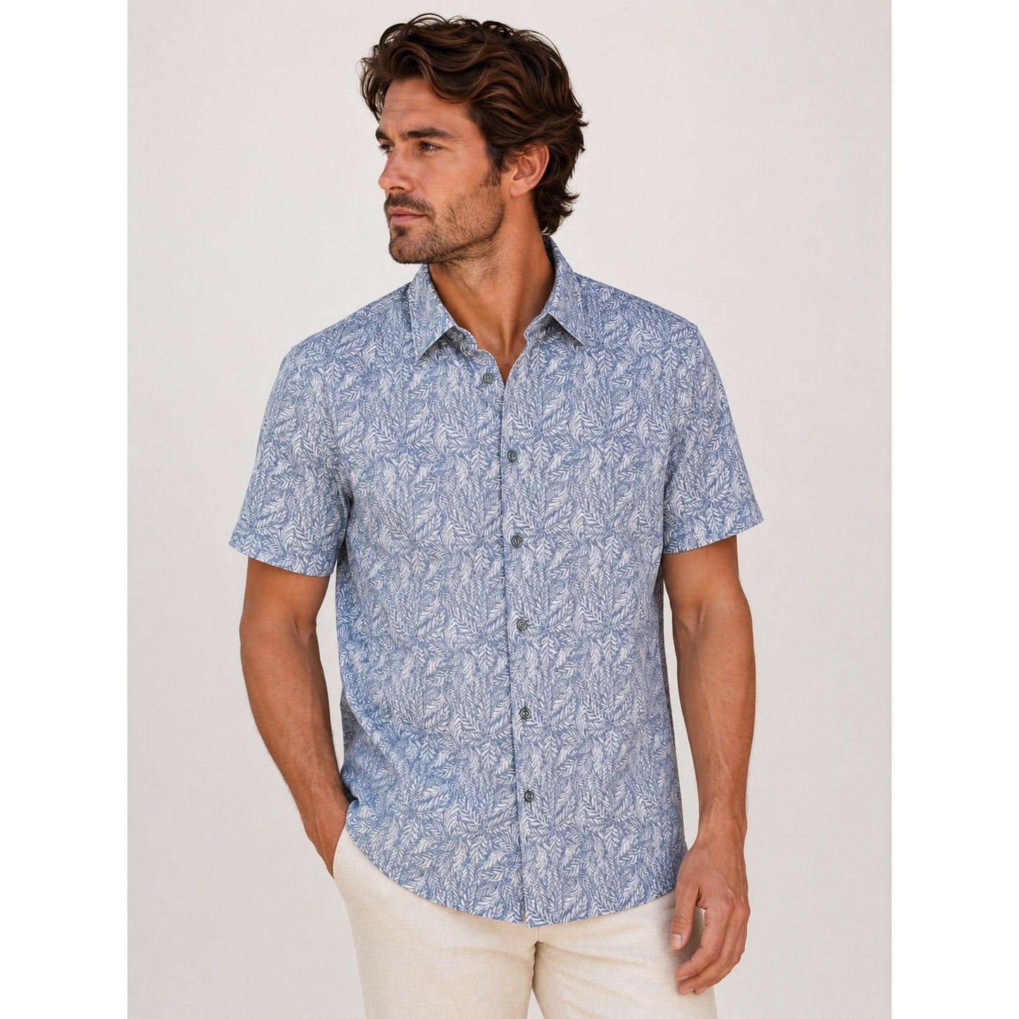 Bugatchi Milo Leaf Print OoohCotton 8-Way Stretch Shirt in Lilac — Size Large