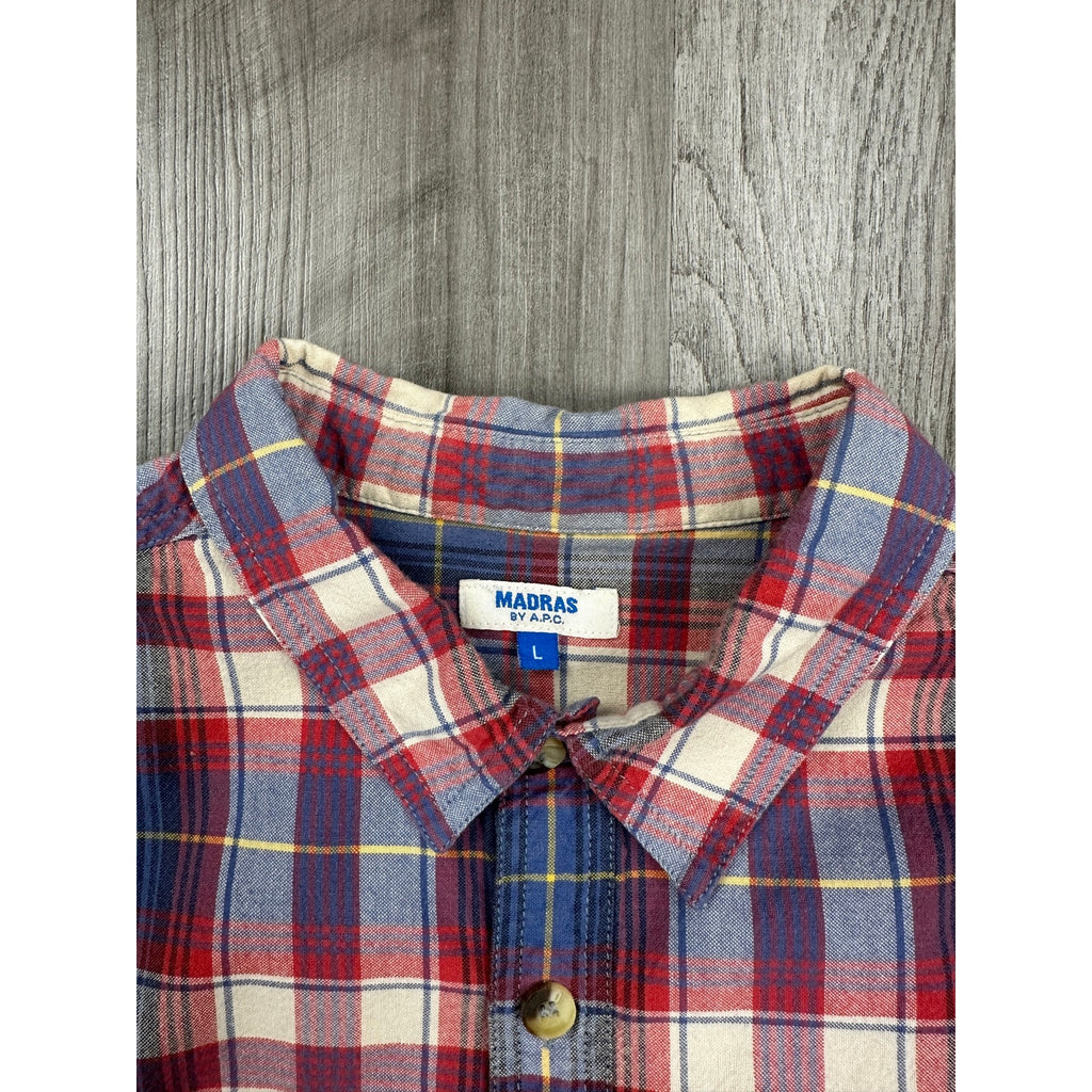 A.P.C. Madras Plaid Short Sleeve Button Down Shirt in Blue Red Ivory Yellow — Size Large // Preowned