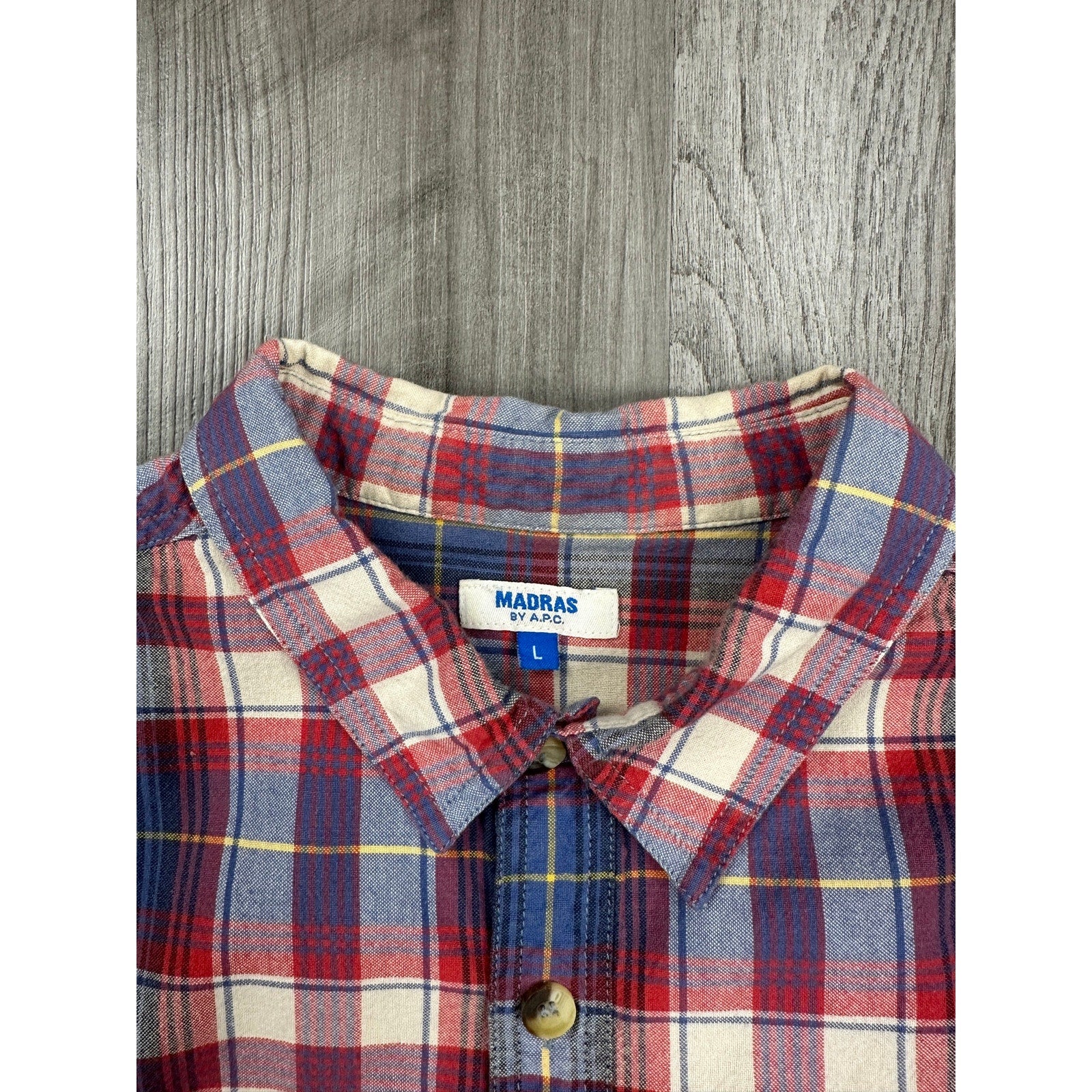 A.P.C. Madras Plaid Short Sleeve Button Down Shirt in Blue Red Ivory Yellow — Size Large // Preowned