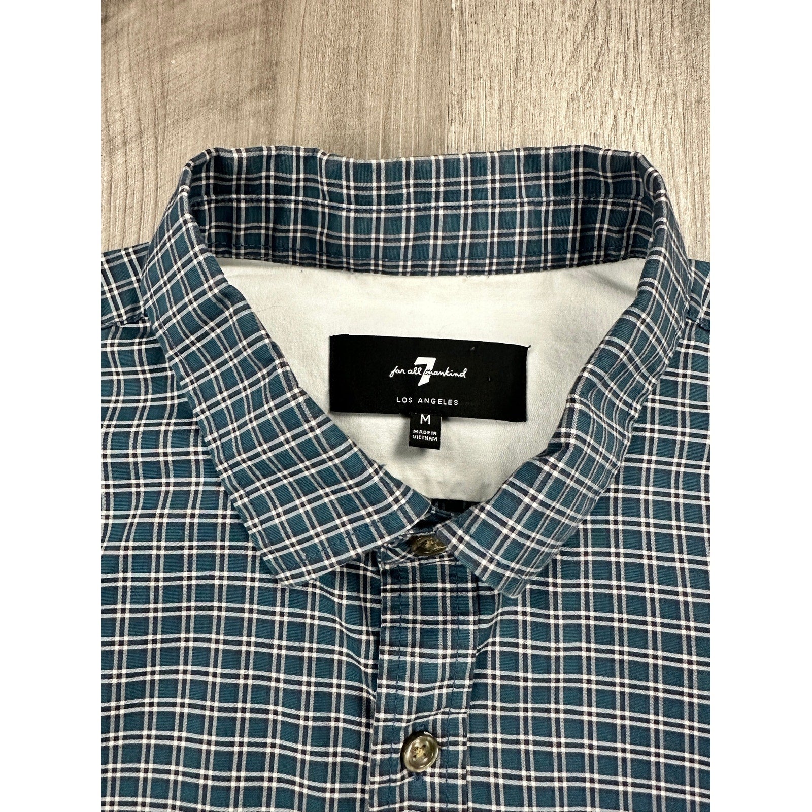 7 For All Mankind Plaid Long Sleeve Button Down in Dark Green Midnight and White — Size Medium // Preowned