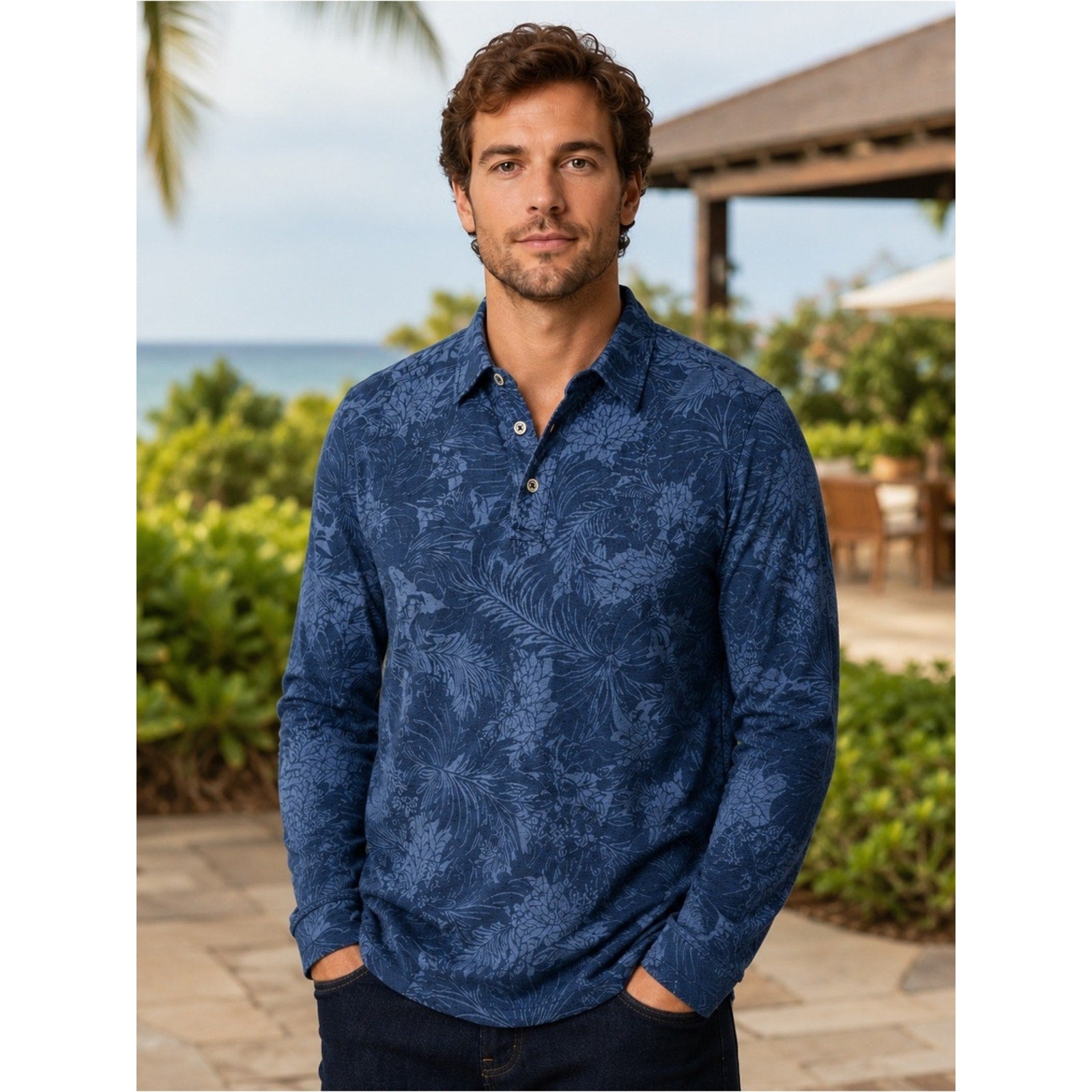Tommy Bahama Hawaiian Floral Long Sleeve Polo - Large