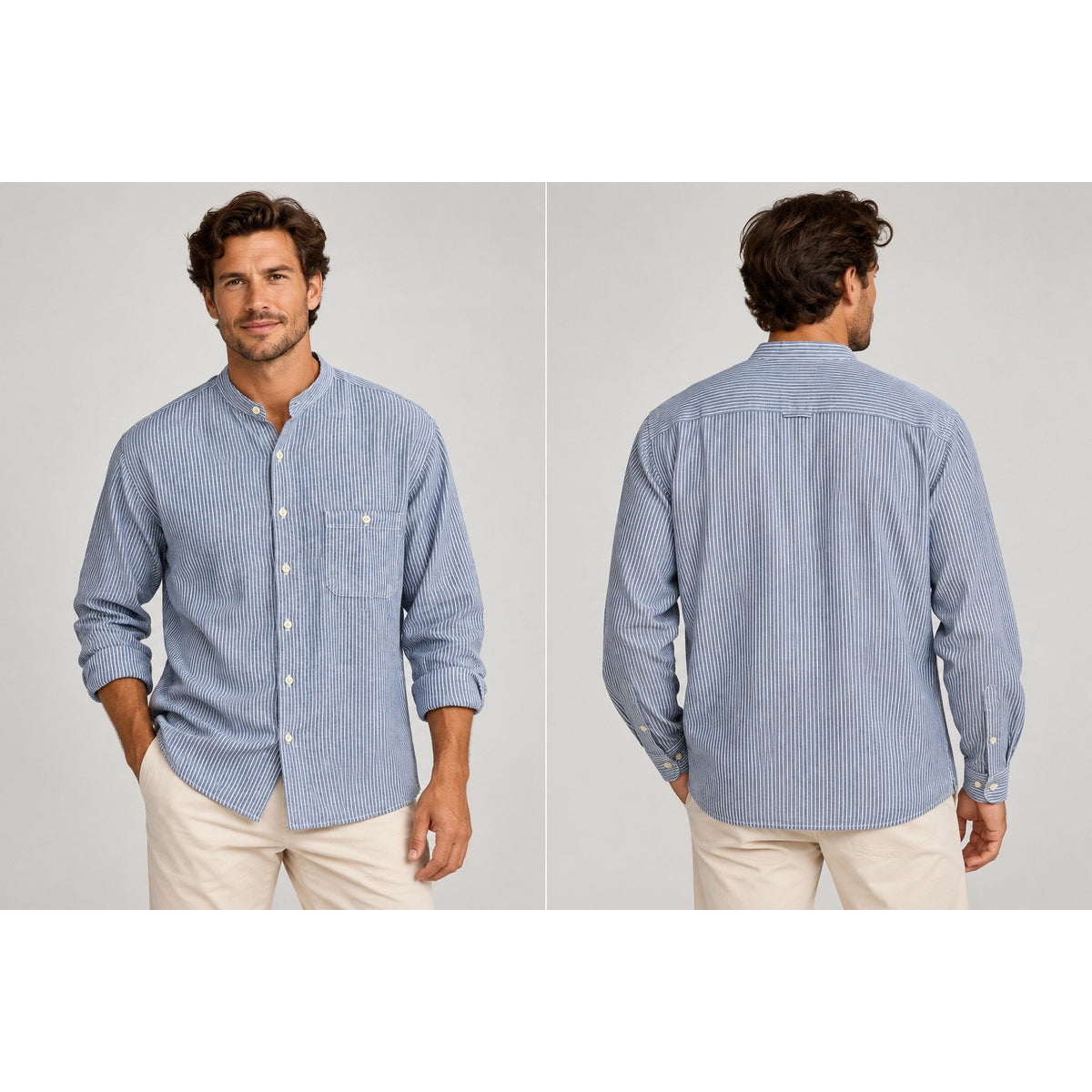 Orvis Band Collar Linen Blend Striped Long Sleeve Button Down Shirt — Size 2XL // Preowned