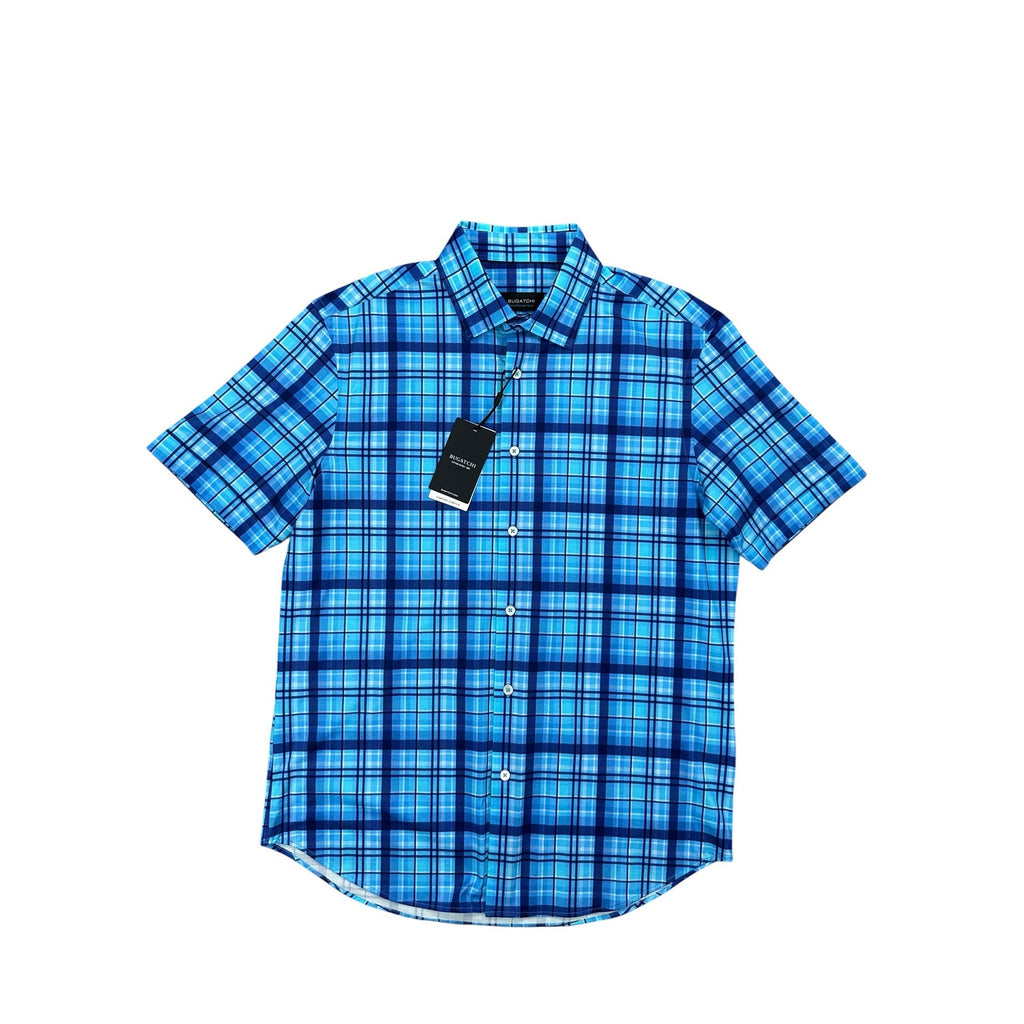 Bugatchi Plaid OoohCotton 8 Way Stretch Short Sleeve Shirt in Classic Blue — Size Medium
