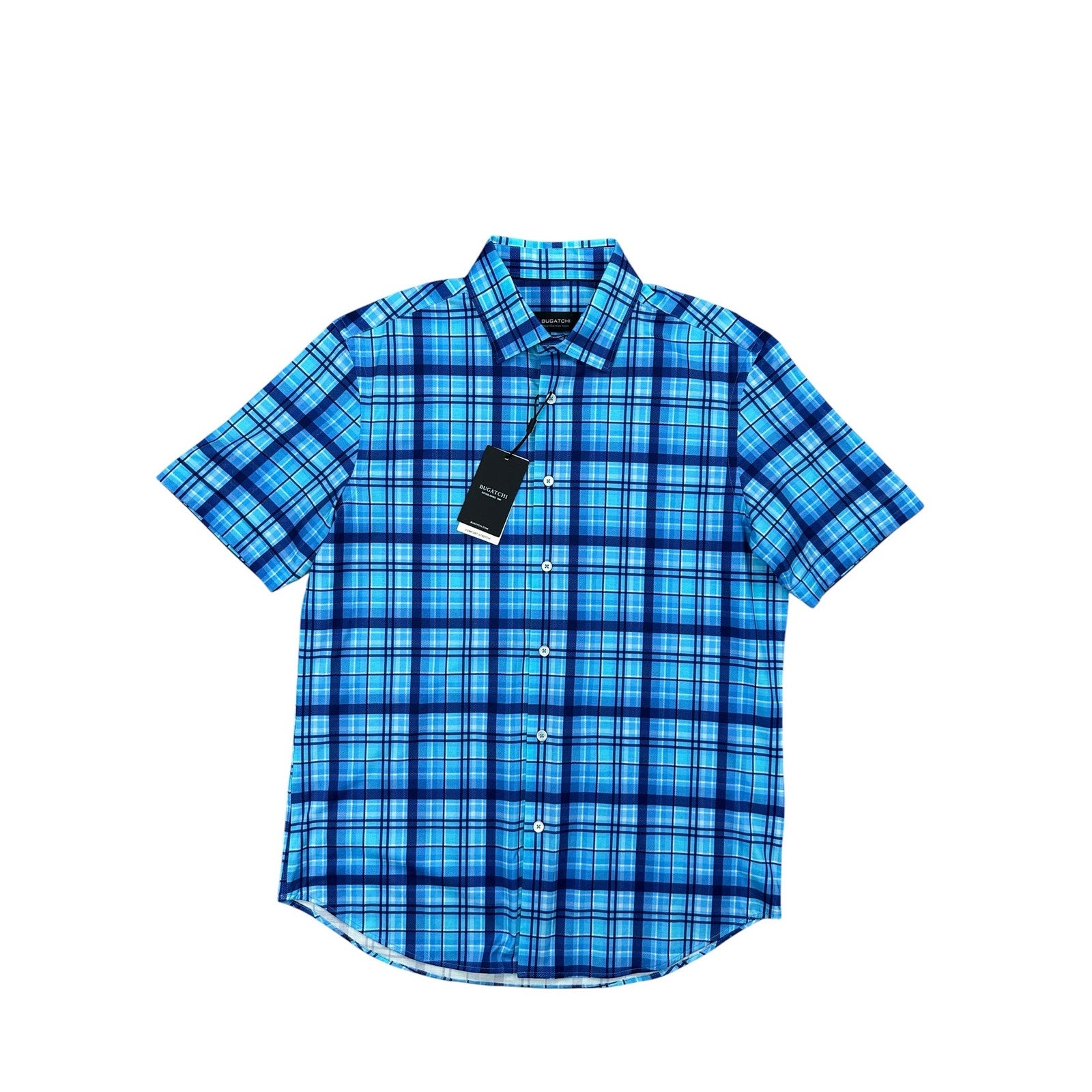 Bugatchi Plaid OoohCotton 8 Way Stretch Short Sleeve Shirt in Classic Blue — Size Medium