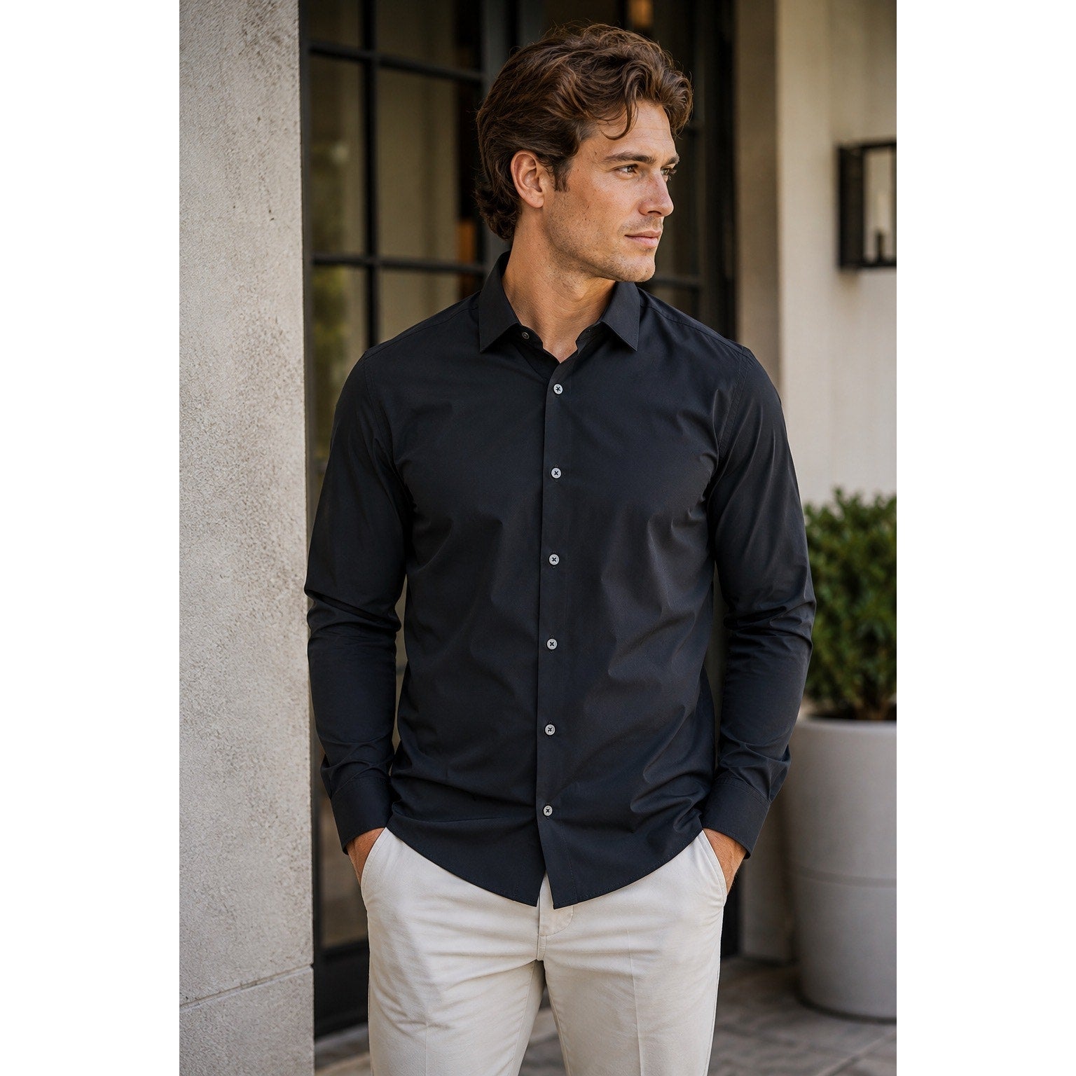 Mizzen+Main Leeward Collection Solid Trim Fit Long Sleeve Shirt in Black — Size Large // Preowned