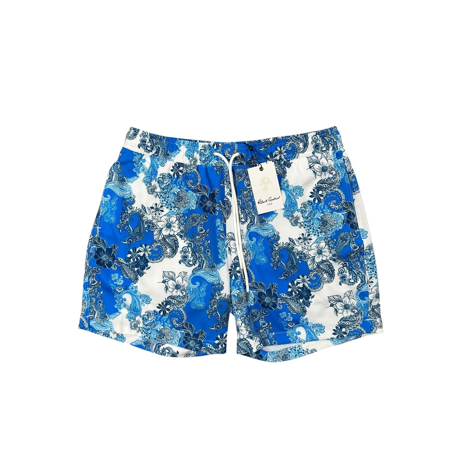 Robert Graham Floral Paisley Swim Trunks in Blue Navy and White — Size Medium