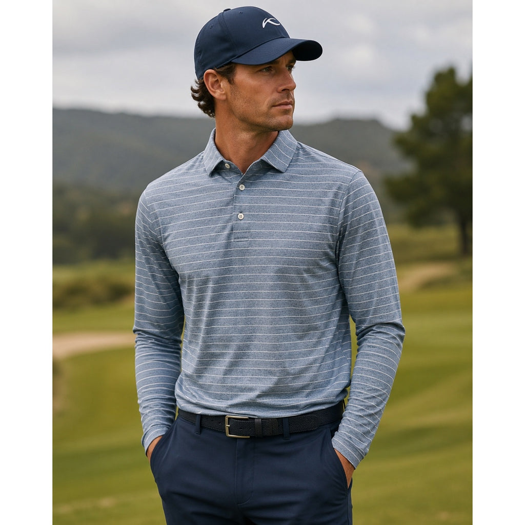 KJUS Soren Melange Stripe Long Sleeve Polo in Atlanta Blue, White — Size 50 (Medium)