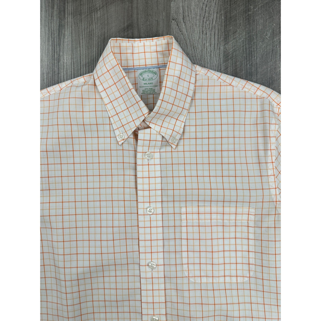 Brooks Brothers Milano Non-Iron Checkered Windowpane Long Sleeve Button Down in White Orange — Size Small // Preowned