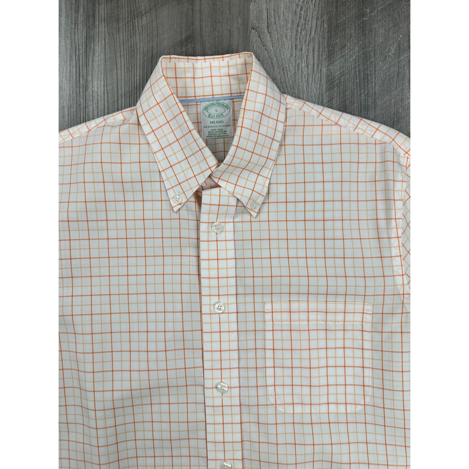 Brooks Brothers Milano Non-Iron Checkered Windowpane Long Sleeve Button Down in White Orange — Size Small // Preowned