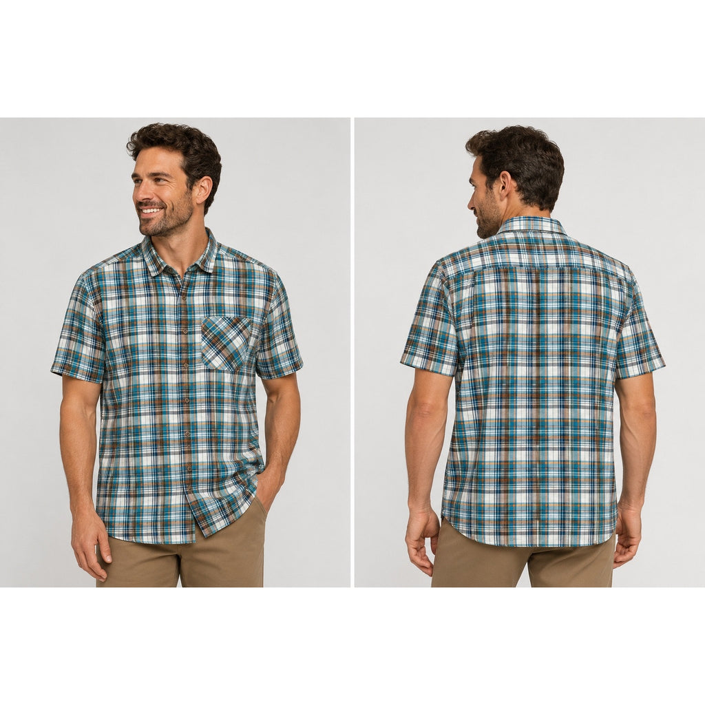 Kuhl Short Sleeve Plaid Button Down in Blue, Green, Orange, Red and White — Size Large // Preowned