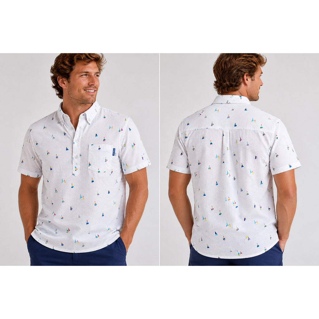 Chubbies Seersucker Sailboat Popover Polo in Ivory — Size Medium // Preowned