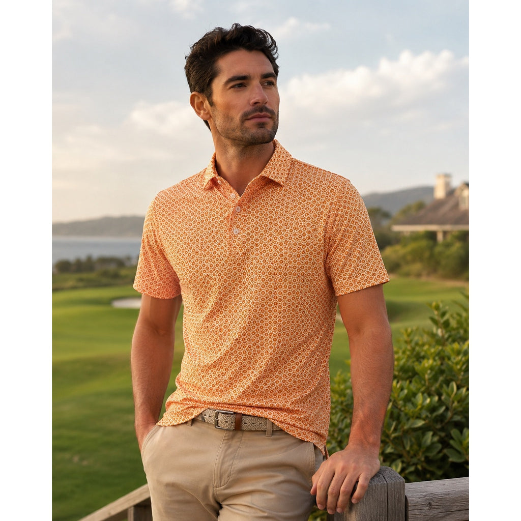 Redvanly Harrow Floral Golf Polo in Tangelo Orange, White — Size XL