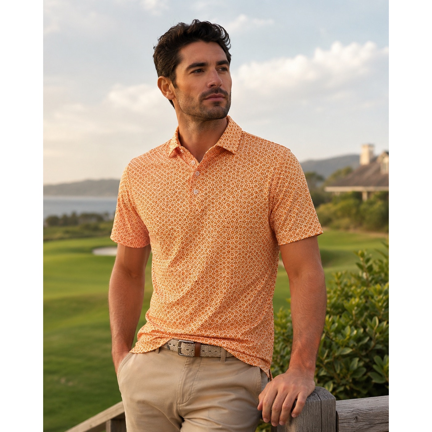 Redvanly Harrow Floral Golf Polo in Tangelo Orange, White — Size XL