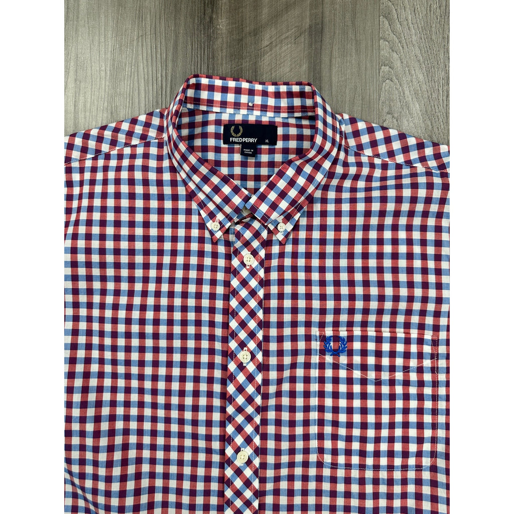 Fred Perry Gingham Short Sleeve Button Down in Dark Red Blue White — Size XL // Preowned