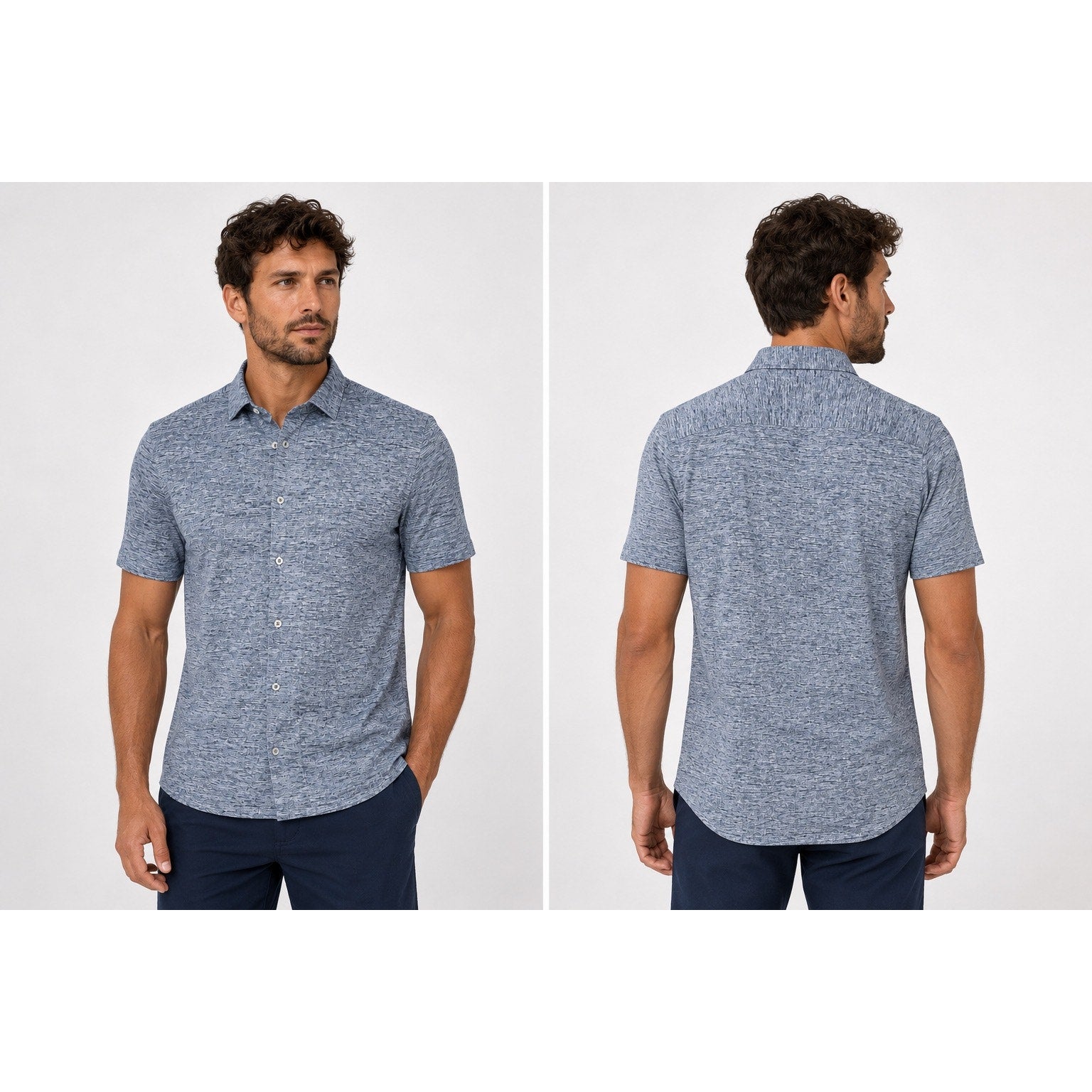 Bugatchi OoohCotton 8 Way Stretch Short Sleeve Shirt in Navy — Size Medium // Preowned