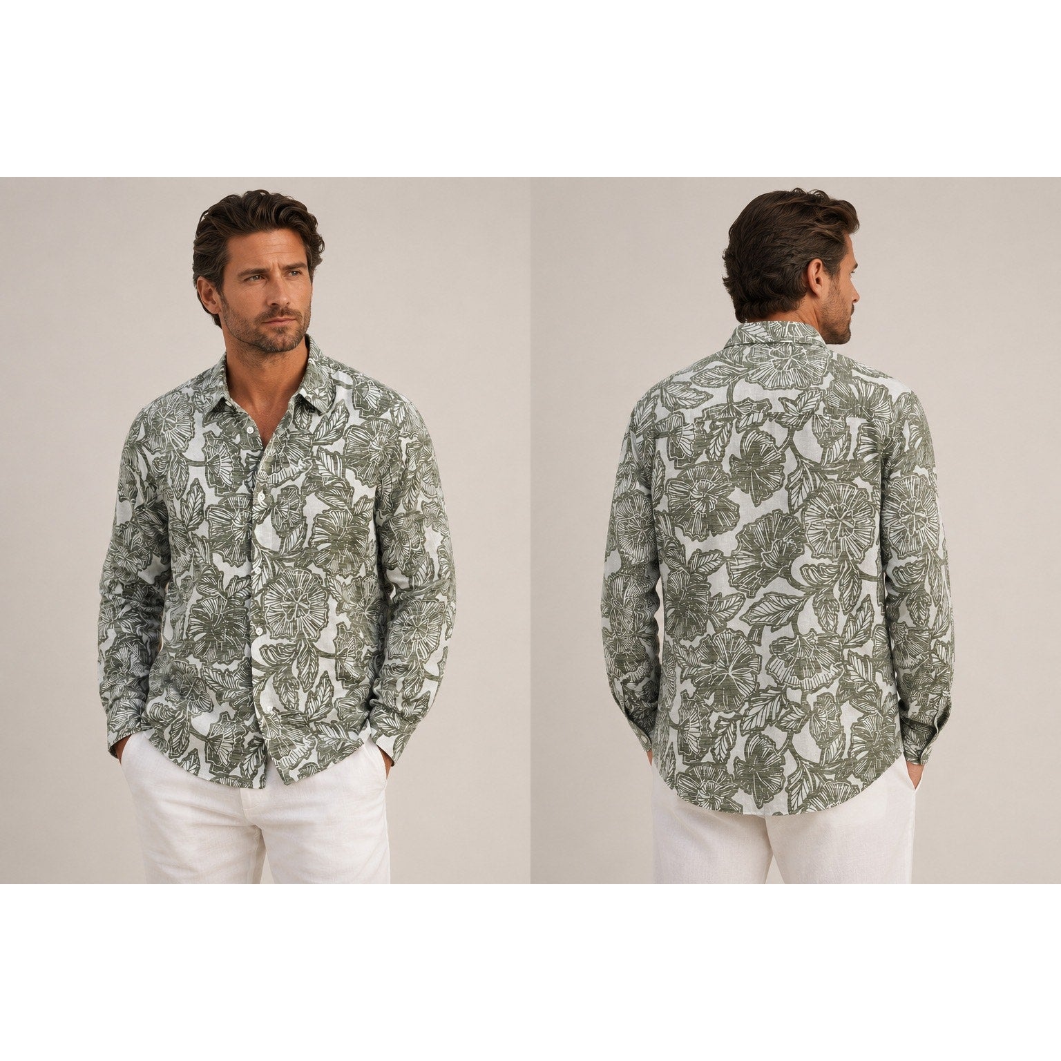 Bugatchi Julian Floral Linen Cotton Shaped Fit Long Sleeve Button Down in Olive White — Size Medium