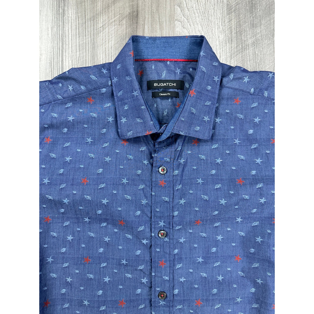Bugatchi Classic Fit Starfish Sea Shell Print Short Sleeve Button Down in Dark Chambray Multi — Size Large // Preowned