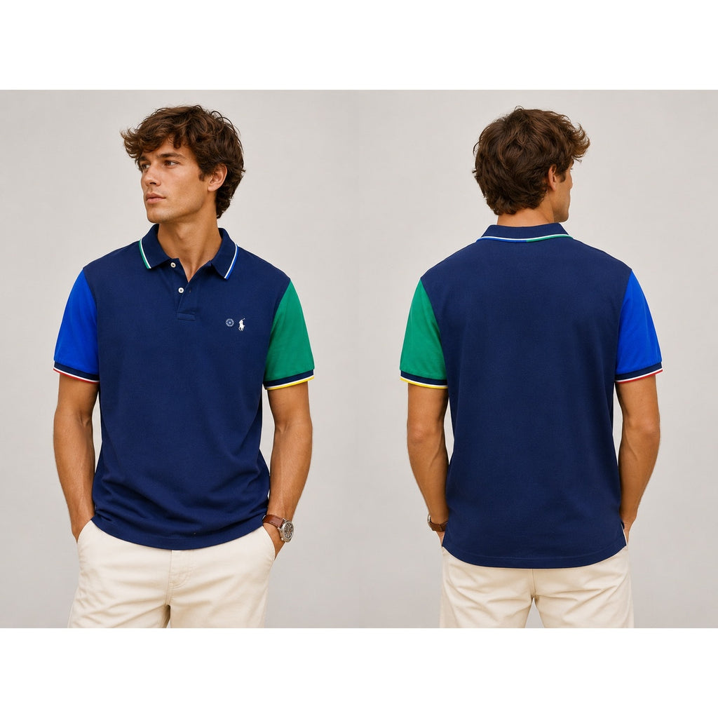 Polo Ralph Lauren Classic Fit Contrast Sleeve Mesh Knit Polo in Navy — Size XL