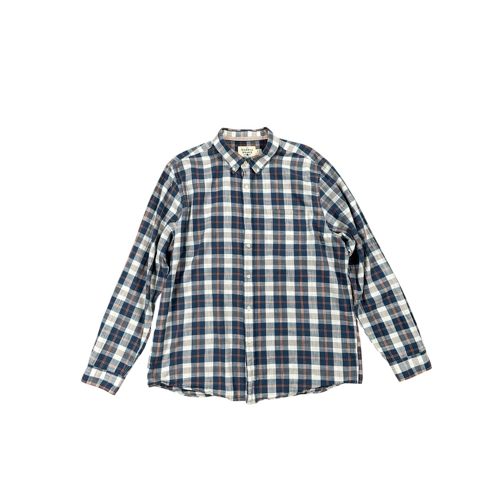 The Normal Brand Plaid Long Sleeve Button Down in Navy Orange Brown and White — Size XL // Preowned