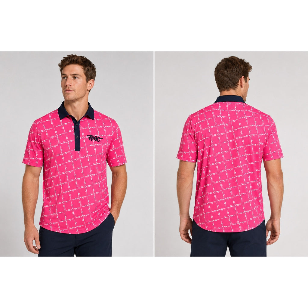 Trailer Park Golf Club Classy Rifle Golf Polo in Pink, White and Navy — Size Large