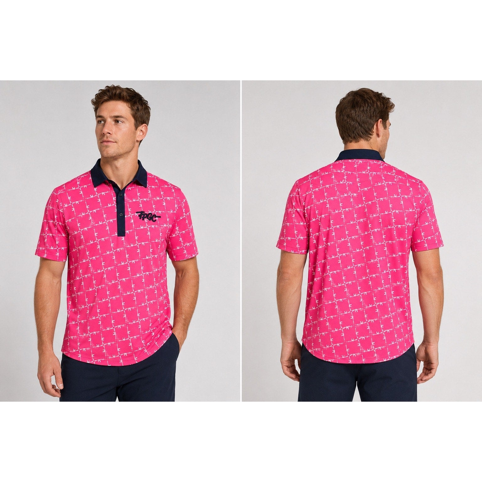 Trailer Park Golf Club Classy Rifle Golf Polo in Pink, White and Navy — Size Large
