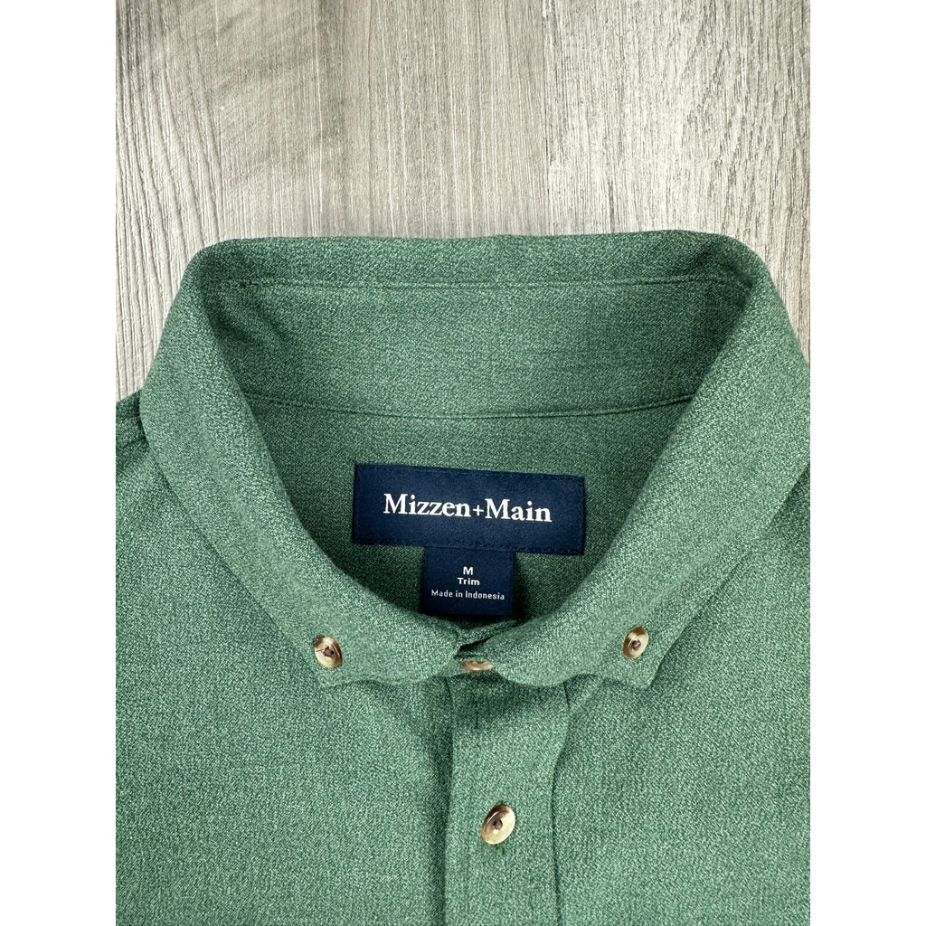 Mizzen+Main Trim Fit City Flannel Golf Long Sleeve Button Down in Heather Spruce Green — Size Medium // Preowned