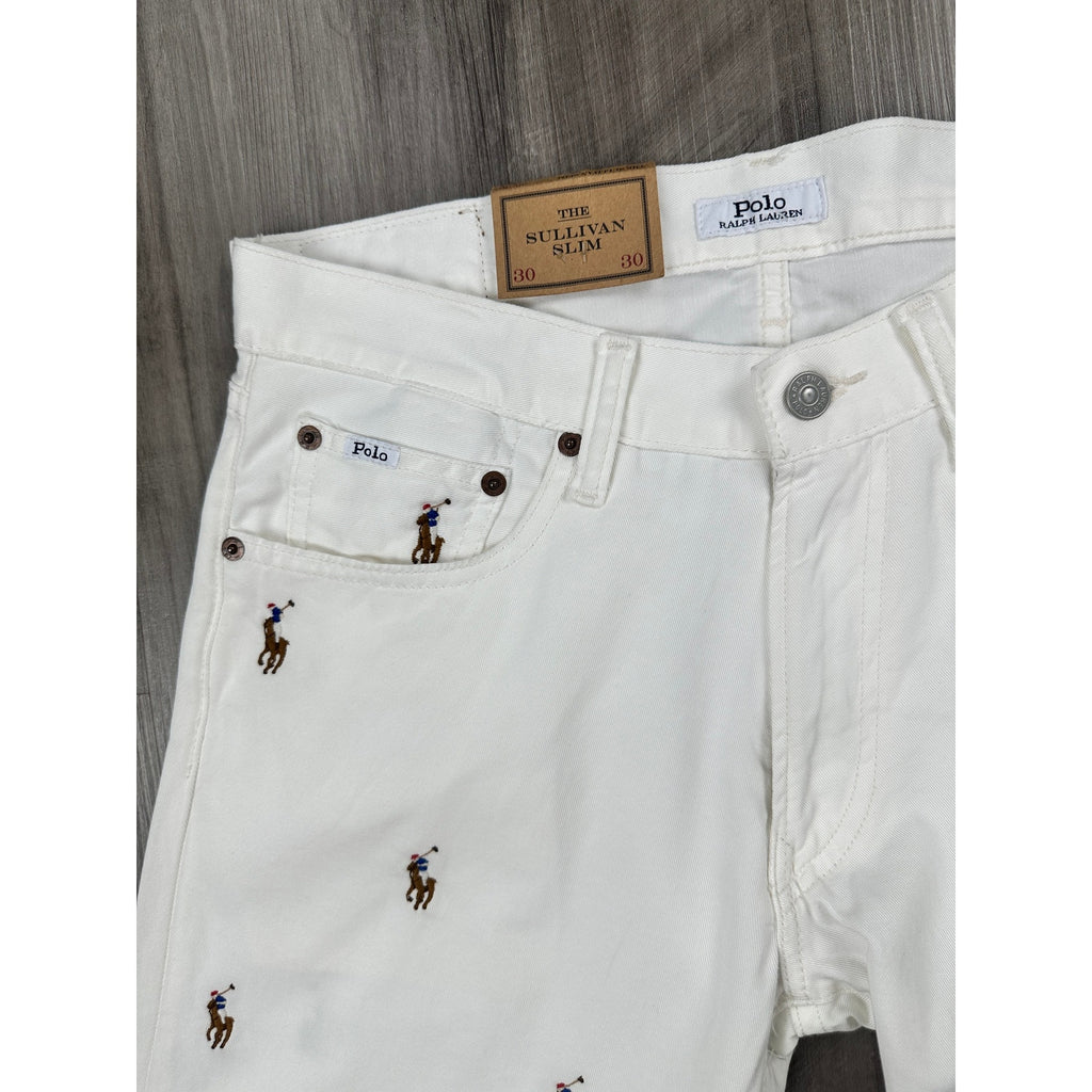 Polo Ralph Lauren All Over Pony Print The Sullivan Slim Jeans in White — Size 30x30