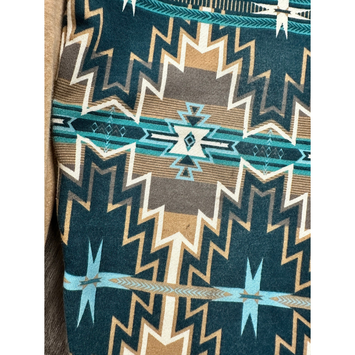 Rock & Roll Denim Aztec Color Block Graphic Tan Henley Hoodie — Size XL // Preowned