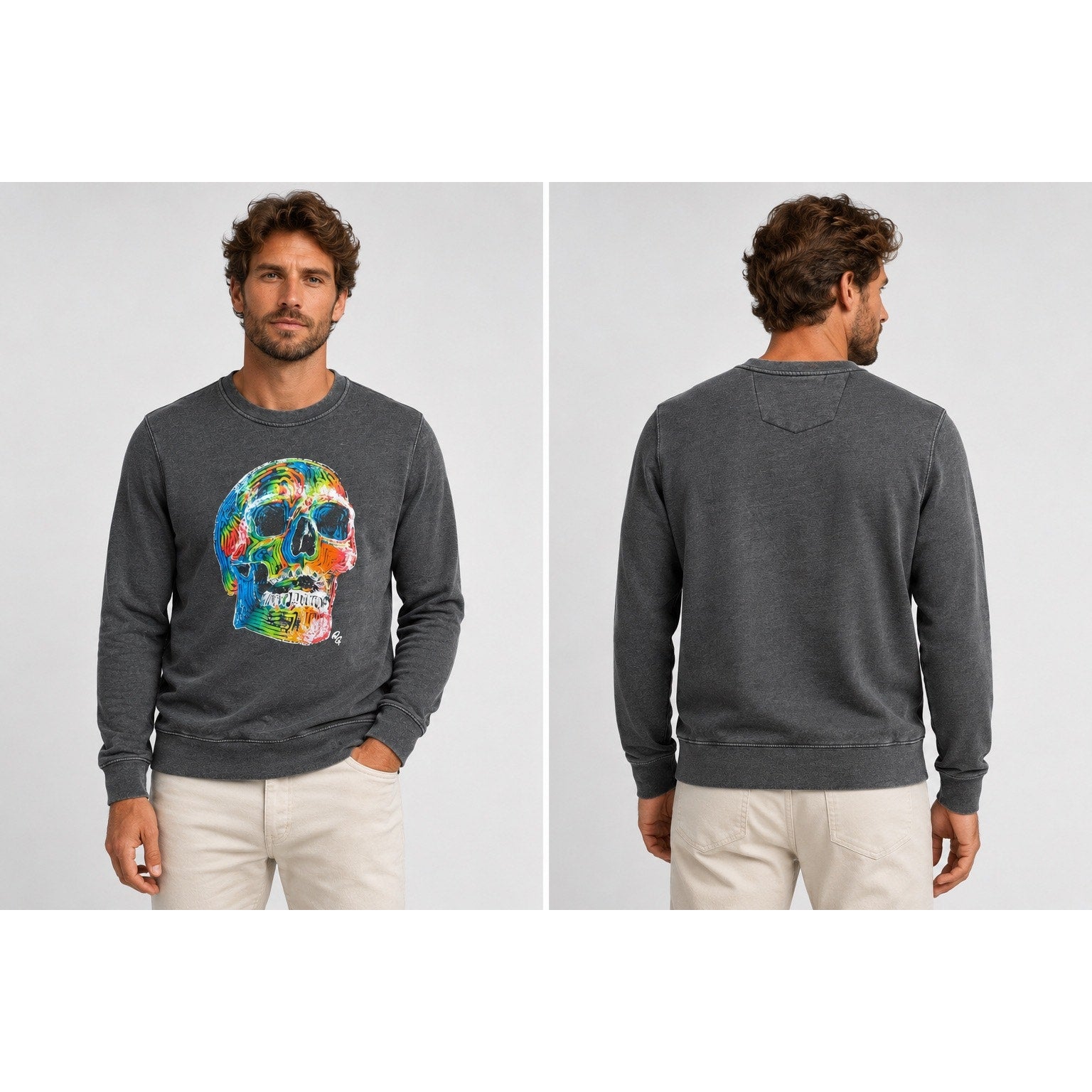 Robert Graham Neon Bones Graphic Long Sleeve Sweatshirt in Charcoal — Size Medium