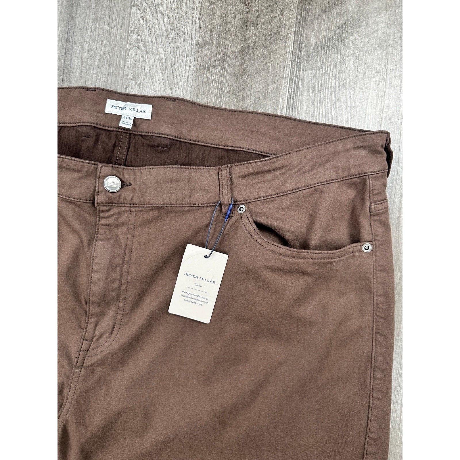Peter Millar Signature Sateen 5 Pocket Chino Pants in French Press Brown — Size 44x30