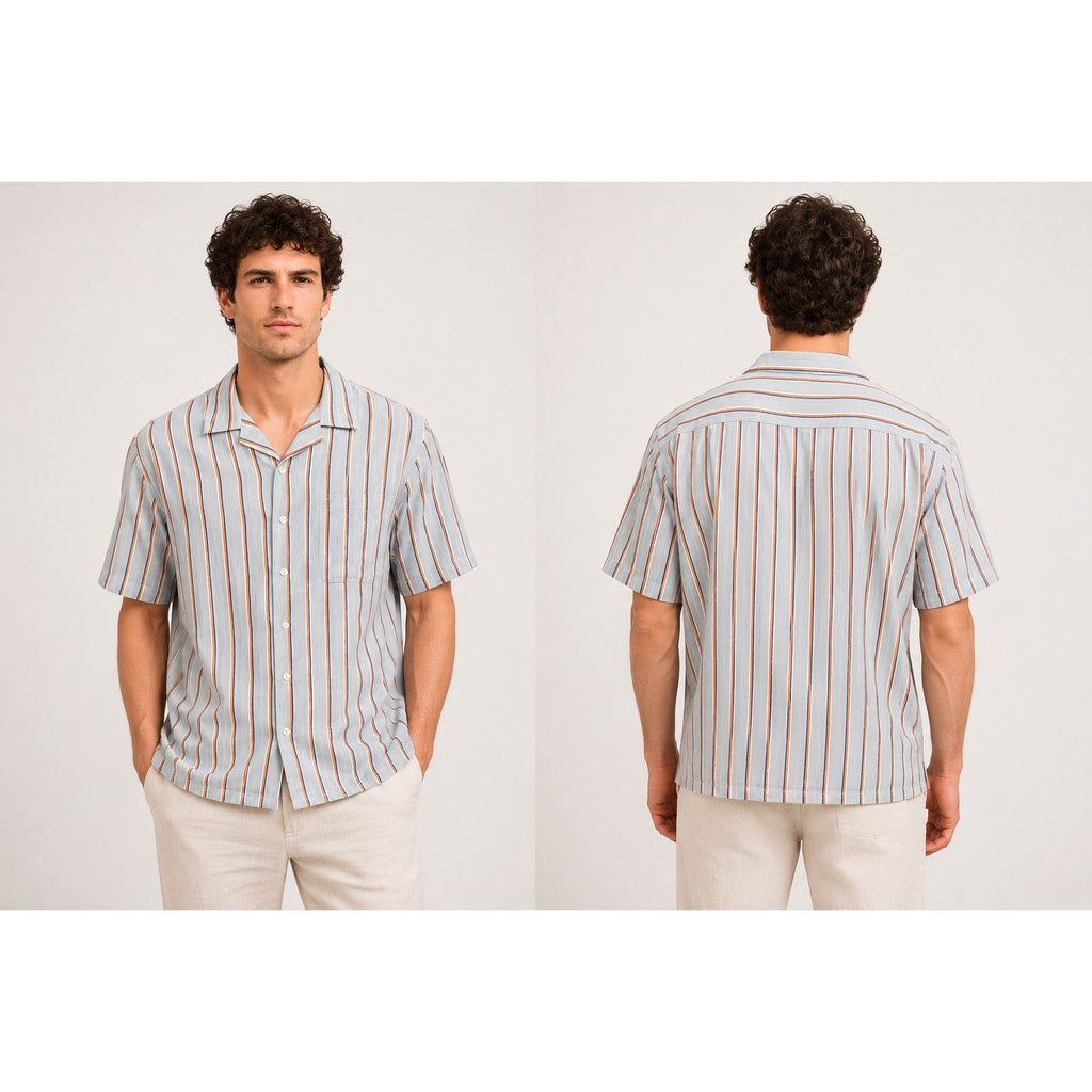 Hamilton Made in America Linen Blend Striped Camp Shirt in Gray with White Orange and Navy — Size XL // Preowned