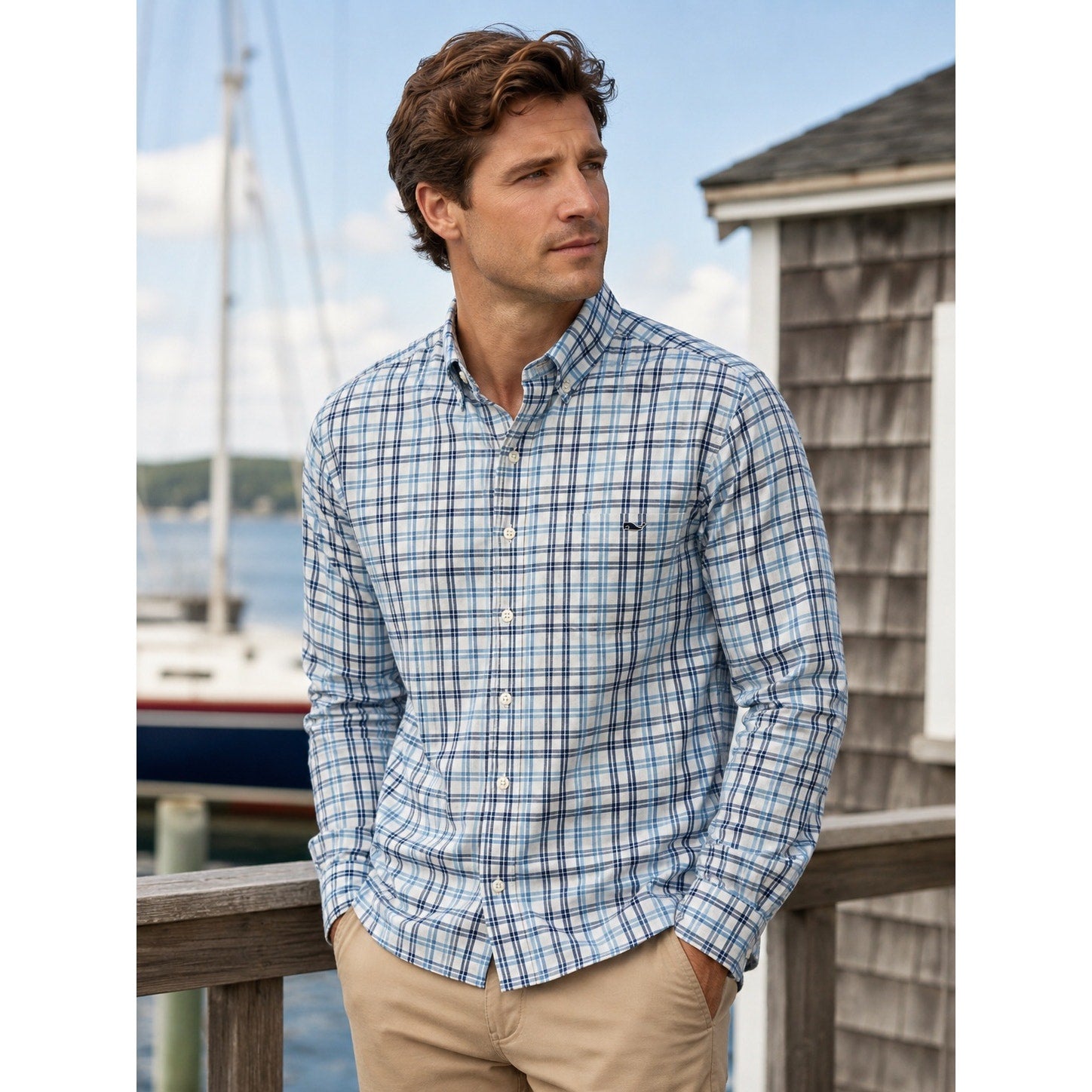 Vineyard Vines Slim Fit Tucker Shirt in Light Blue Navy White Plaid — Size Large