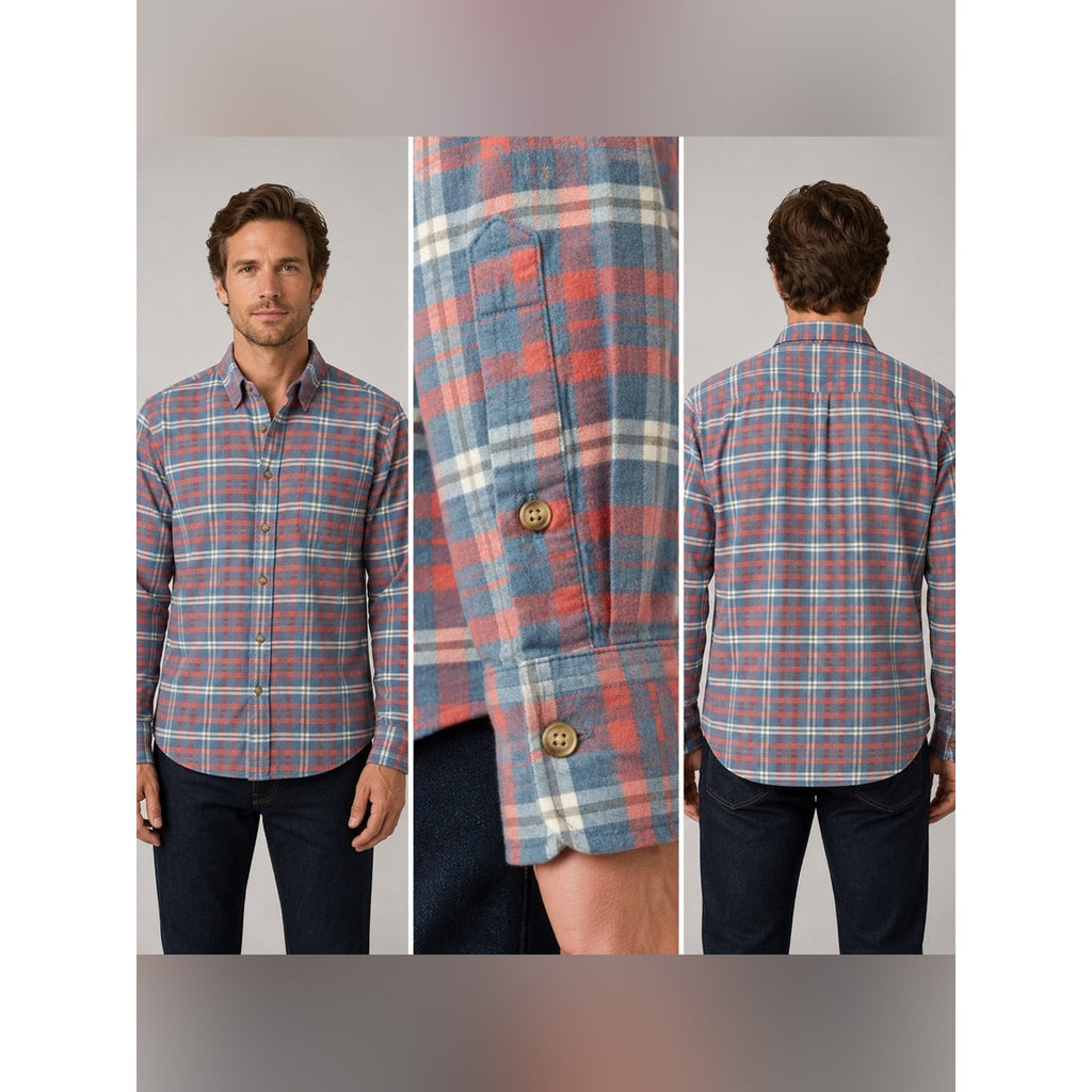 Faherty All-Time Lightweight Brushed Flannel Plaid Long Sleeve Button - Large