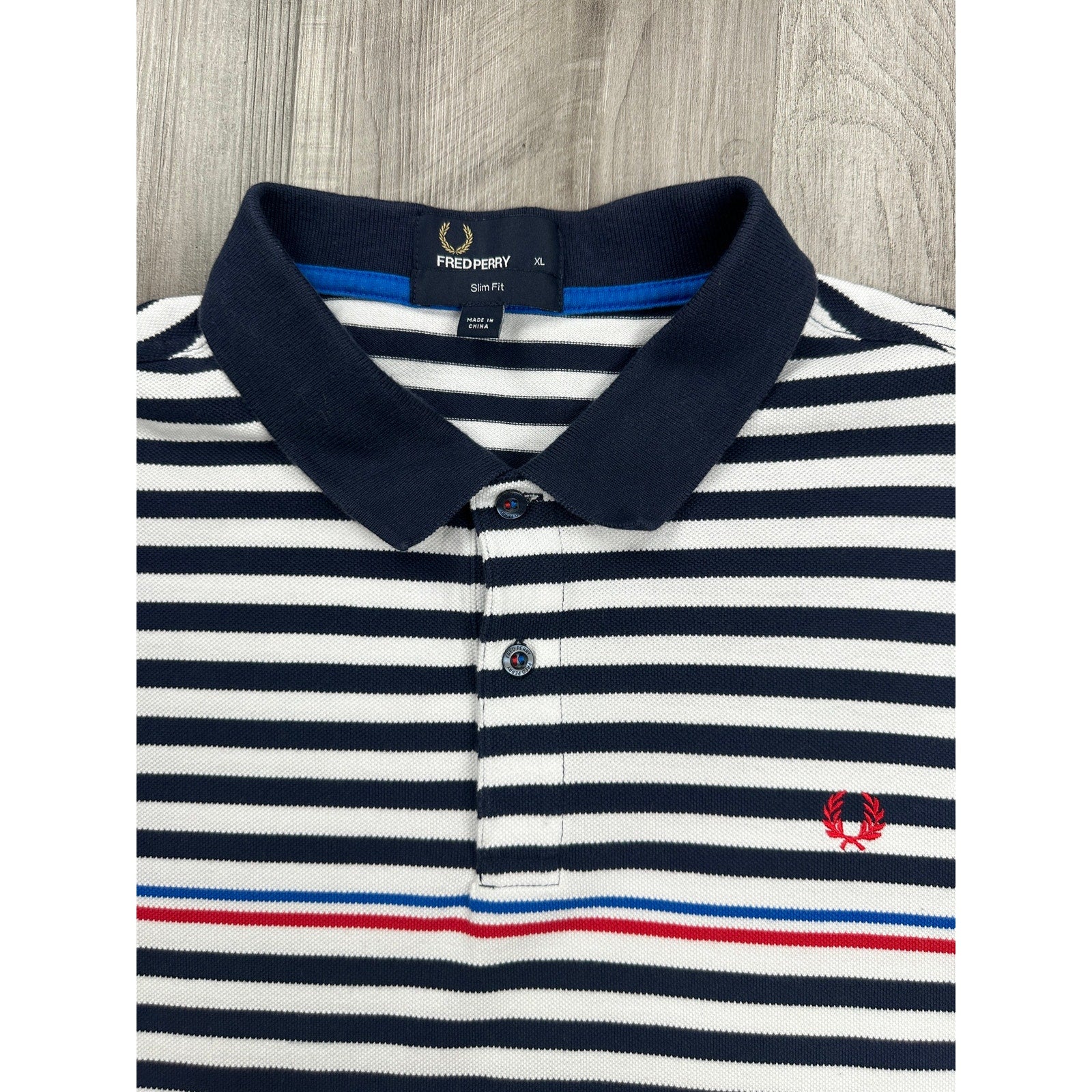 Fred Perry Slim Fit Striped Pique Polo in Navy White Red Blue — Size XL // Preowned