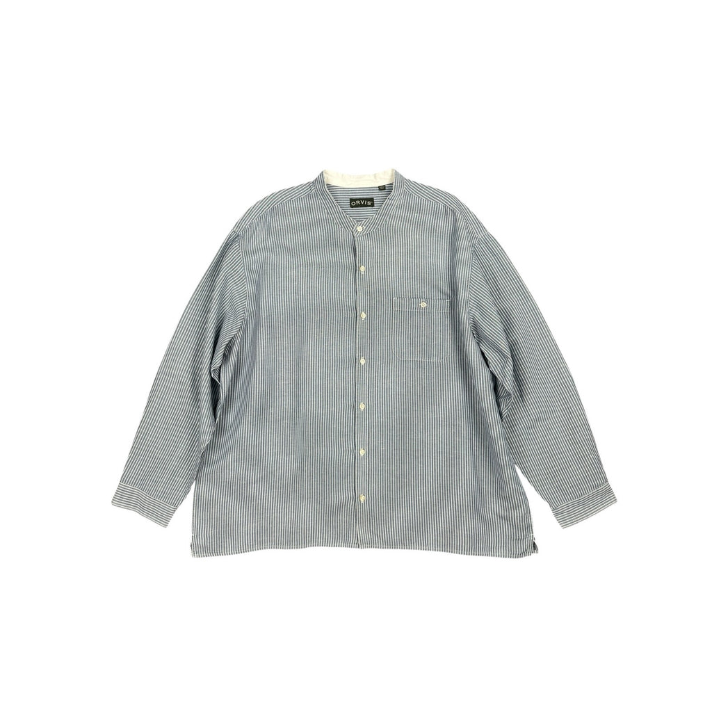 Orvis Band Collar Linen Blend Striped Long Sleeve Button Down Shirt — Size 2XL // Preowned